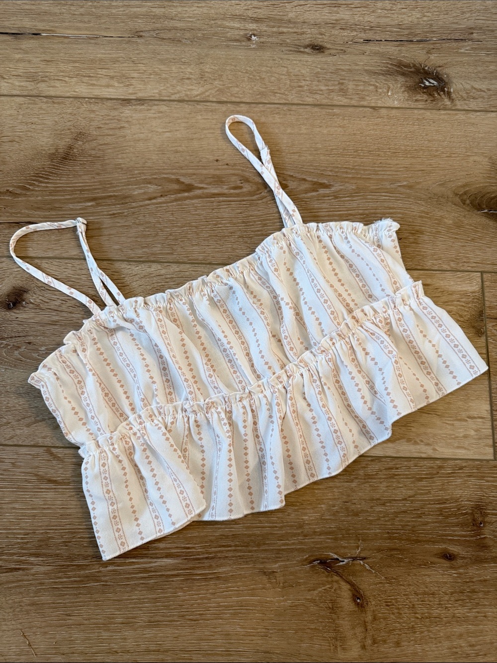 Lightweight White and Beige Striped Ruffle Cami Top